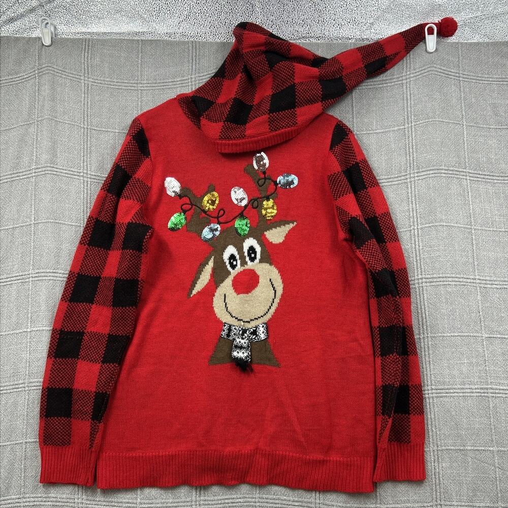 No Boundaries Christmas Reindeer Sweater Junior 3X Buffalo Plaid Elf Style Hood